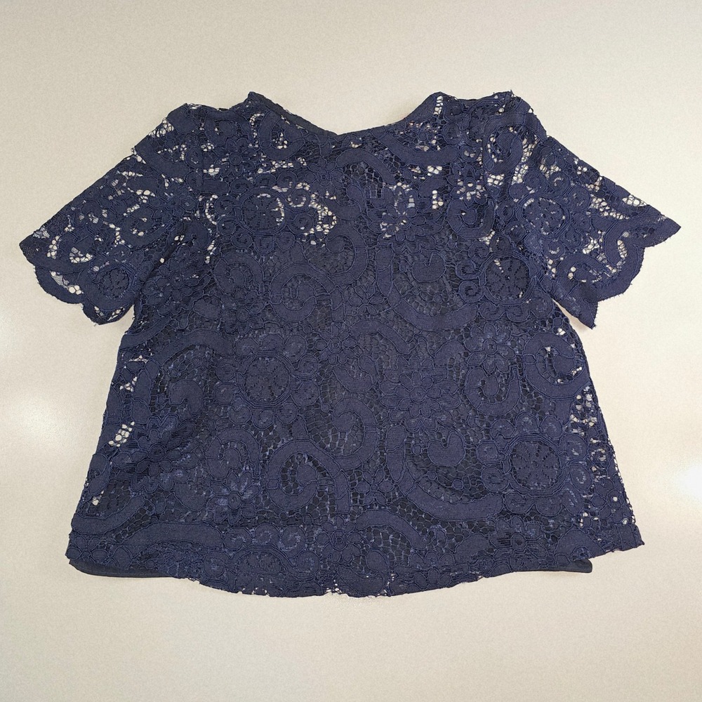 Nanette Lepore Navy Blue Lace Short Sleeve Bow Back Blouse Top Women's S